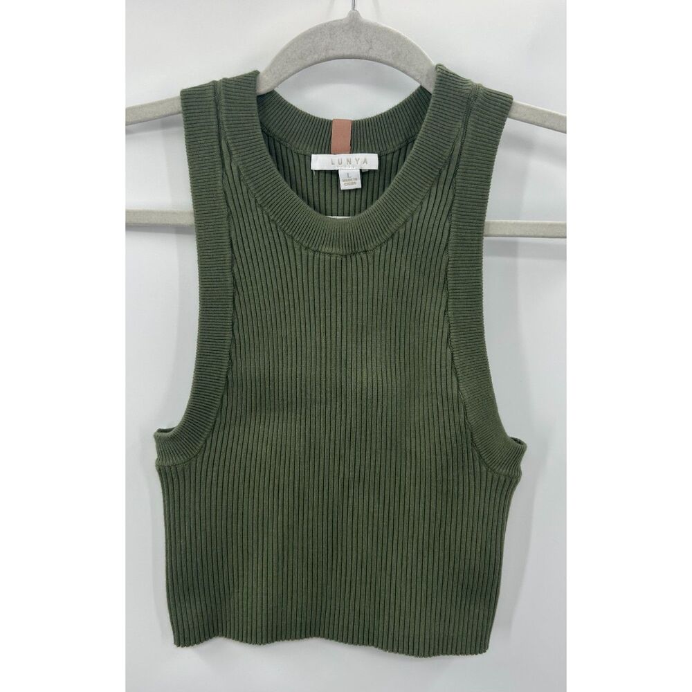 Lunya Cropped Ribbed Stretch Green Organic Cotton Silk Tank Top L